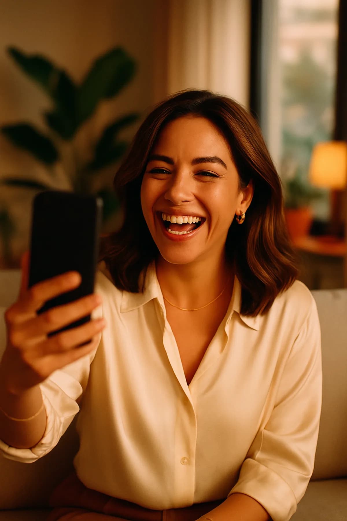 Abuela sonriendo durante una videollamada con su familia