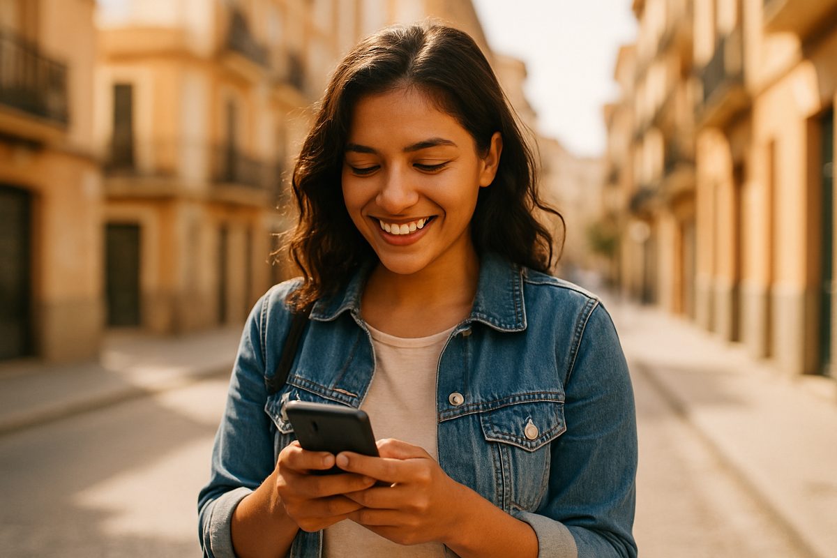 Joven latina sonriendo con su móvil en una calle de España