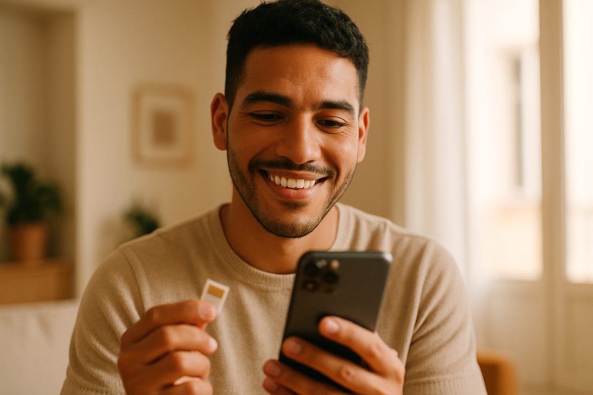 Cliente latino satisfecho con su SIM y su móvil de Latinos Móvil